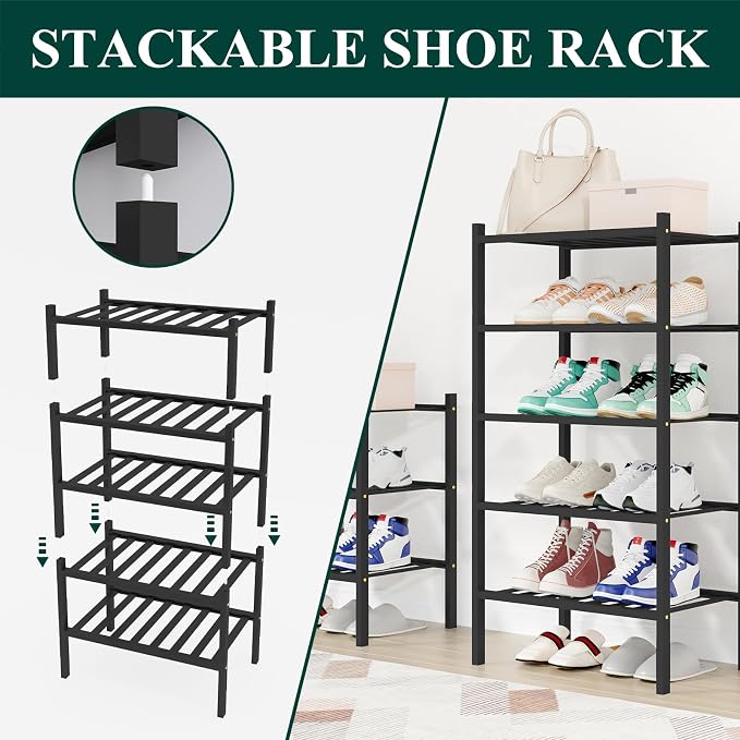 Smiry Shoe Rack, 5 Tier Small Bamboo Shoe Organizer, Stackable Free Standing Wooden Shoe Storage Shelf for Closet, Entryway, Front Door Entrance, Black - Image 4