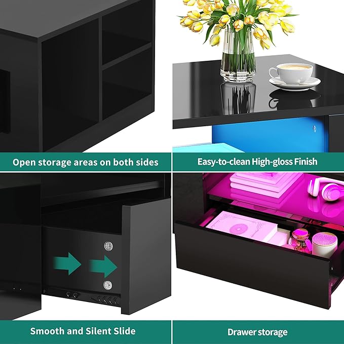 YITAHOME Modern LED Coffee Tables for Living Room, High Glossy Coffee Table with Storage 2 Drawers and Open Book Shelfs, Black Minimalist Coffee Table Small Wood Center Table Home Decor, Black