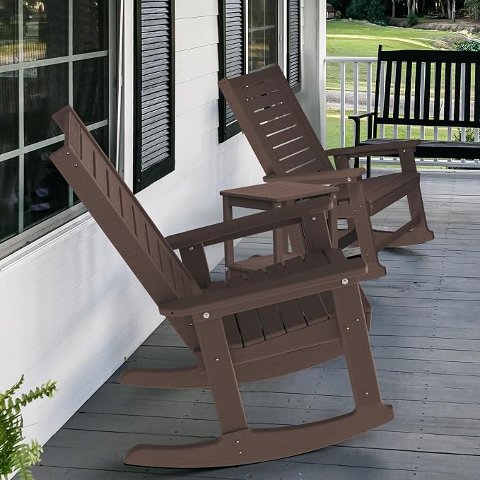 GREENVINES Outdoor Rocking Chair Set | 3-Piece | Dark Brown Wood Grain | 2 Rocking Chairs with 1 Side Table | Porch Rocker | HDPE Plastic | Patio Furniture Sets - Image 2