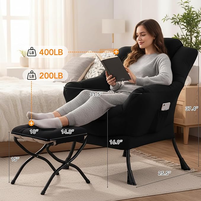 Lazy Chair with Ottoman, Large Accent Chair with Ottoman and a Throw Pillow, Black Reading Chair for Living Room Bedroom Dorm Room Office Apartment Relaxing Use