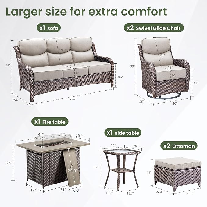 Luxury Patio Furniture Set with 6-inch Thick Cushion, Outdoor Furniture with Fire Pit Table, Swivel Chairs, Sofa, Side Table, Ottomans, 7pcs Wicker Conversation Set for Deck Yard and Poolside(Beige)