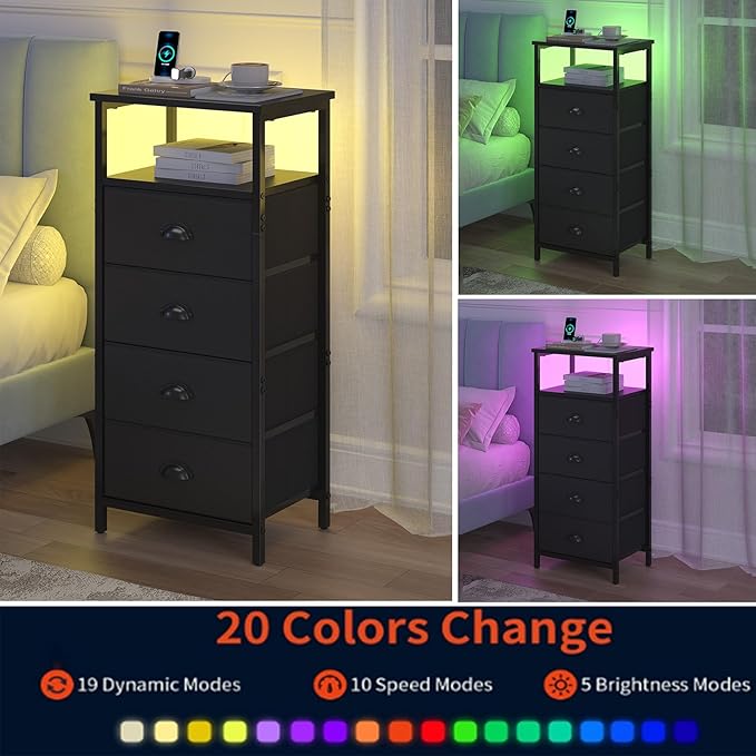 sthmec Nightstand with Charging Station,LED Black Nightstand with 4 Fabric Drawers PU Finish, Bedside End Tables, 2-Tier Open Storage Shelf Side Table Nightstand with Drawers for Bedroom,Black - Image 6