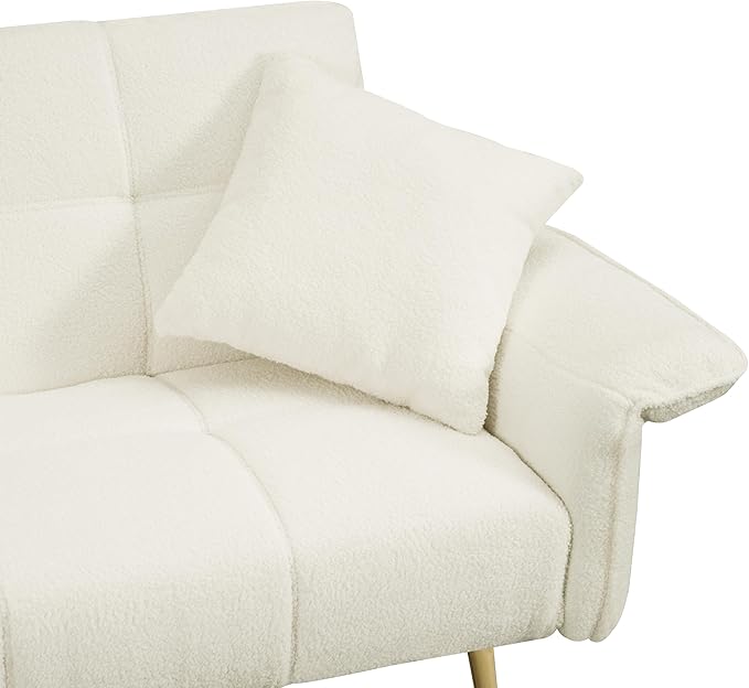 70 inch Upholstered Teddy Fleece Sofabed with Adjustable Arms and Backrest,Modern Convertible Futon Couch W/Metal Legs & Pillows,Love Sofa for Living Room,Bedroom,Apartment,Beige, 70"