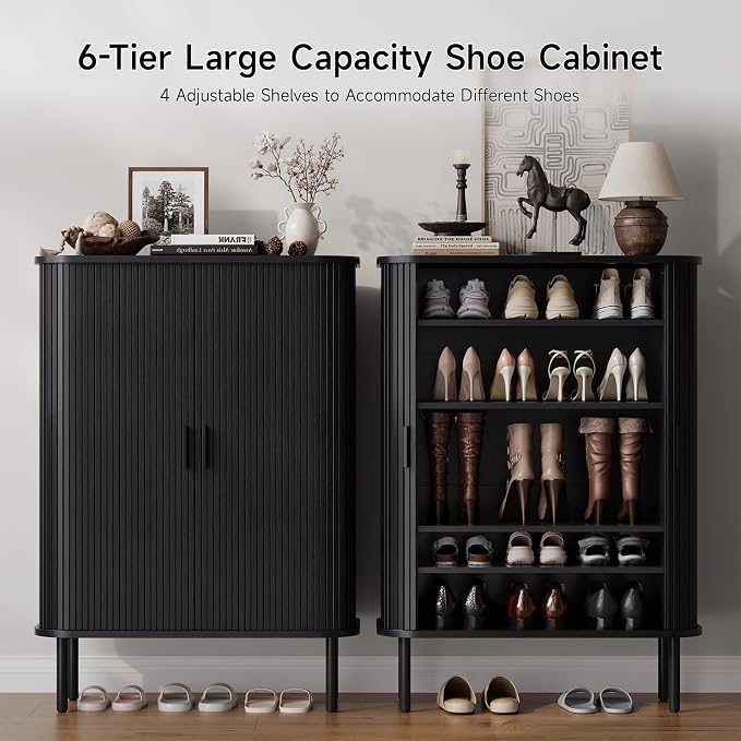 ONBRILL 6-Tier Shoe Cabinet with Sliding Door, Wooden Shoe Storage Cabinet with Adjustable Shelves, Mid-Century Modern Freestanding Shoe Storage Organizer for Entryway, Hallway, Living Room, Black - Image 3