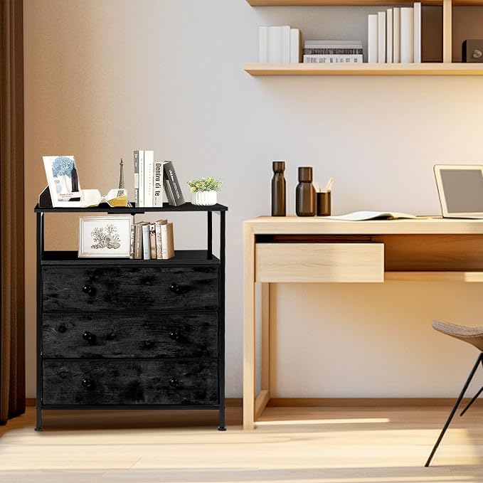 3 Drawers Dresser with Charging Station, 24 Inch Wide LED Night Stand Set 2 with Adjustable Fabric Drawer, Nightstand with Storage Shelf for Living Room/Bedroom/Office, Black. - Image 8