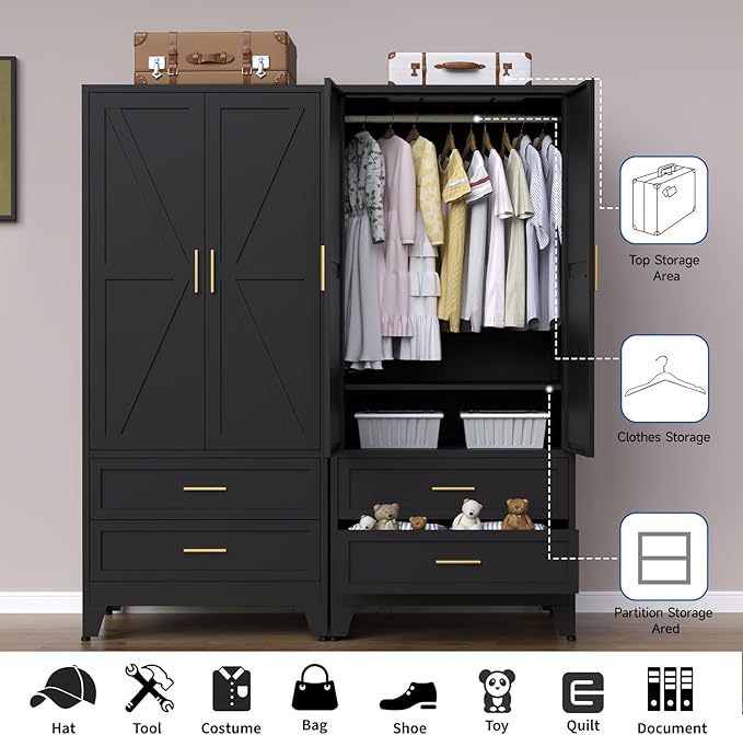 Steel Armoire Wardrobe Closet, 71" Metal Clothing Storage Cabinets with 2 Doors, 2 Drawers and 1 Adjustable Shelf, Black Wardrobe Cabinet with Hanging Rod for Bedroom, Gym