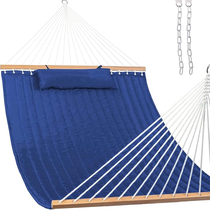 Lazy Daze Hammocks 12 FT Double Quilted Fabric Hammock with Spreader Bar and Detachable Pillow, 450lbs Weight Capacity, Navy Blue by LazyDazeHammocks