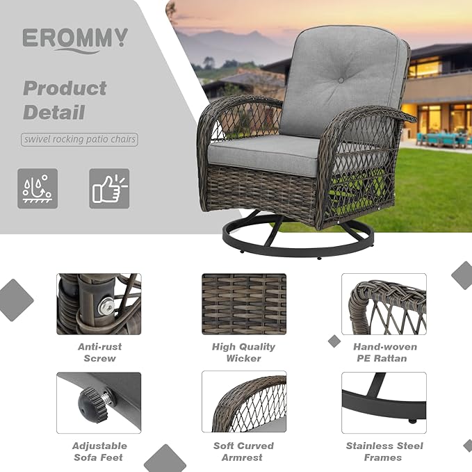 EROMMY 3 Pieces Outdoor Swivel Rocker Patio Chairs, 360 Degree Rocking Patio Conversation Set with Thickened Cushions and Glass Coffee Table for Backyard, Grey