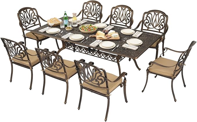 VINGLI 9 Pieces Outdoor Dining Set, Cast Aluminium All-Weather Patio Dining Set for 8 with Umbrella Hole, Outdoor Dining Table and Chairs with Cushion for Yard, Garden, Porch and Poolside, Bronze by VINGLI