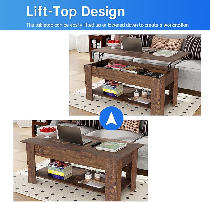 PayLessHere Coffee Table Lift Top Coffee Tables with Hidden Compartment and Storage Shelf Wooden Lift Tabletop Dining Table for Living Room Home (Brown, 47" D x 31" W x 25" H)