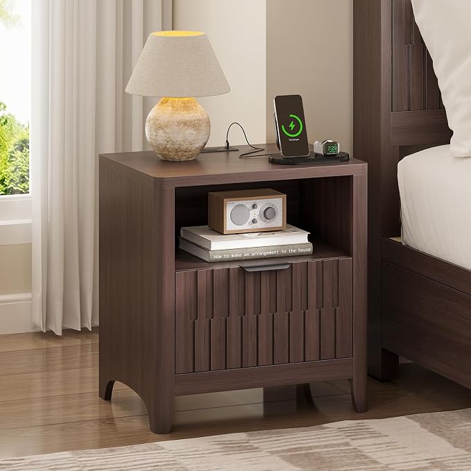 Fluted Nightstand with Charging Station, 21" Wide Modern Bedside Table with Storage Drawer, Wide Open Shelf & Curved Corner, Mid Century Night Stand End Side Table for Bedroom, Walnut by Unknown