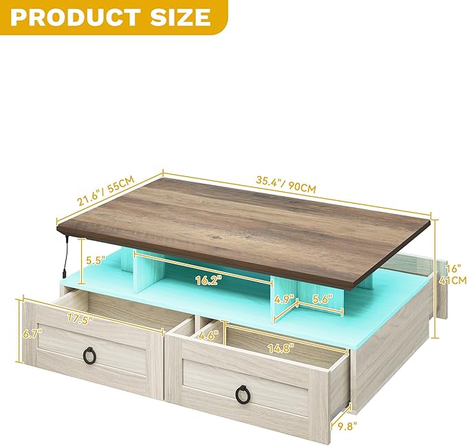 DWVO LED Coffee Table with Storage 4 Drawers, Modern High Glossy Coffee Tables for Living Room, White Rectangle Coffee Table Small Center Table with Open Display Shelf & Sliding Drawers, Brown and Oak