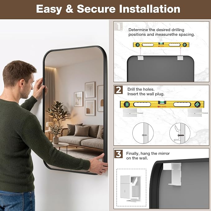 24x36 Inch Bathroom Mirrors for Over Sink, Matte Black Rectangle Mirror for Bathroom or Entryway, Wall Mounted Vanity Mirror with Aluminum Alloy Frame & Tempered Glass, Hangs Horizontally/Vertically - Image 8