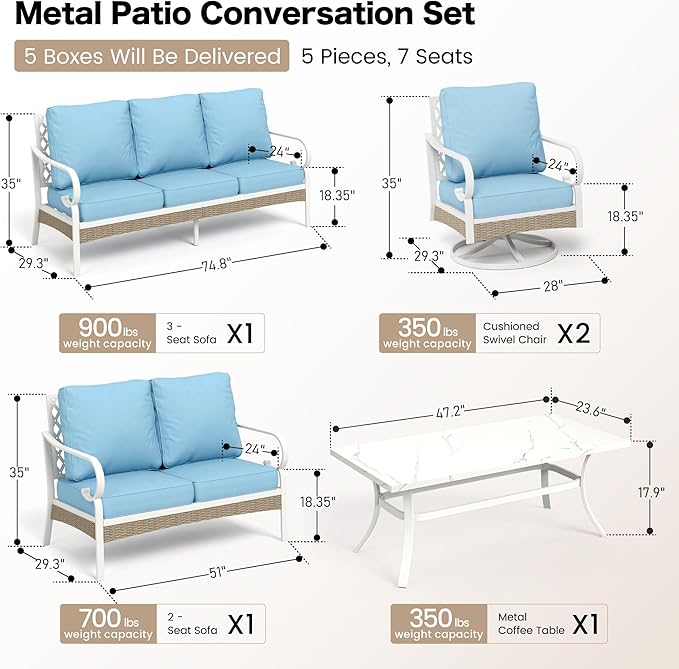 6 Piece Metal Outdoor Patio Furniture Set, Patio Conversations Sets 3-Seater Sofa, 2-Seater Sofa, 2 Swivel Chair with 5.75" Thick Cushion & Coffee Table White Backyard Furniture, Blue
