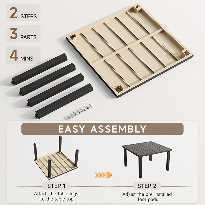 ONBRILL Outdoor Coffee Table, 28 Inch Square Patio Coffee Table, Metal Coffee Table for Porch, Backyard, Poolside, Balcony - Brown - Image 4