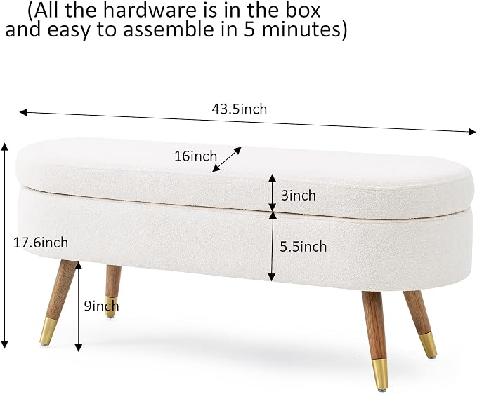 IAFIKE Oval Storage Bench 43.5" Ottoman Bench Upholstered Boucle Fabric Footrest Bench with Golden Metal Legs End of Bed for Bedroom, Living Room, Entryway,Bed Side (Ivory) - Image 2