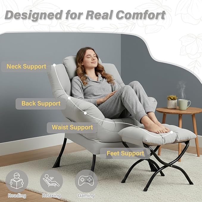 Cozy Lazy Chair and Ottoman, Large Light Grey Contemporary Accent Chair Set, Leisure Upholstered Reading Armchair for Office, Bedroom, Living Room, Dorm Rooms, Balcony