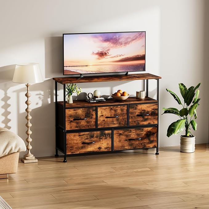 Simple Deluxe TV Stand Dresser for Bedroom Entertainment Center with 5 Fabric Drawers, Storage Organizers Units for Living Room, Media Console Table with Open Shelf up for 45" TV, Rust, Wood top