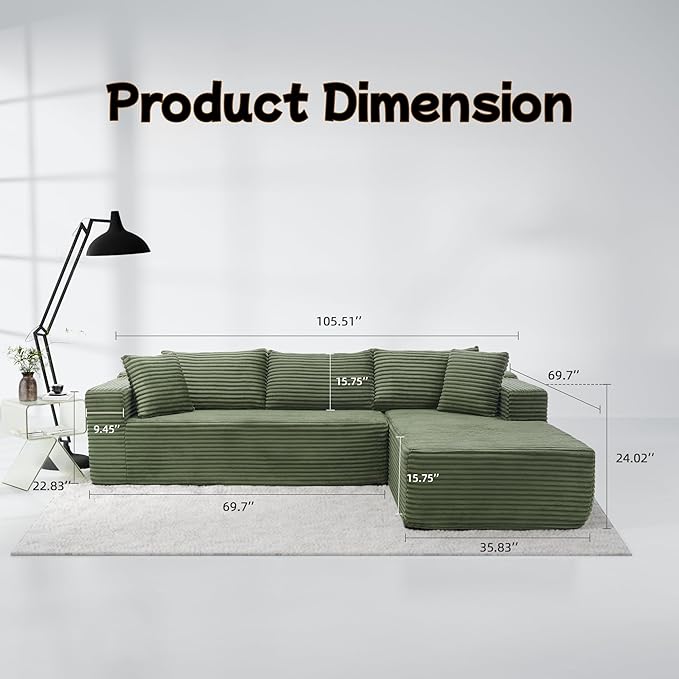 Cloud Sectional Couch, 105” Fluffy Modular L-Shape Sofa with Left Chaise Lounge, Modular Sectional Sofa in a Box, Boneless Couch for Living Room, No Assembly Required, Flannel Green