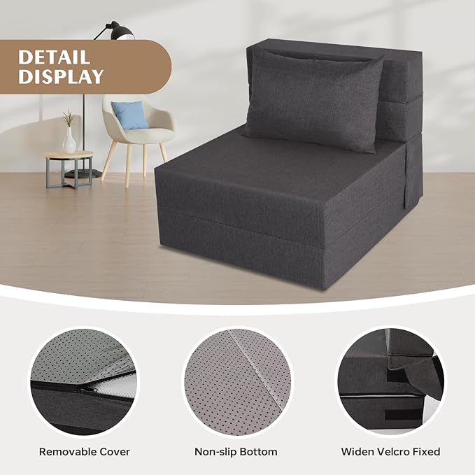 Folding Sofa Bed, Foldable Sleeper Chair with Washable Cover, Convertible Futon Sofa Bed with Pillow, Fold Out Couch for Living Room, Dorm, Guest Room, Single Size, Dark Grey