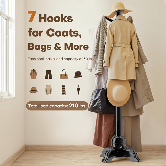 Hall Tree, Freestanding Wood Tree Rack with 7 Hooks, Coat Rack with Stable Sphere Base, Wooden Coat Rack Stand, Load 210 lb, Coat Hanger Stand for Entryway, Hallway, Bedroom (Black) - Image 3