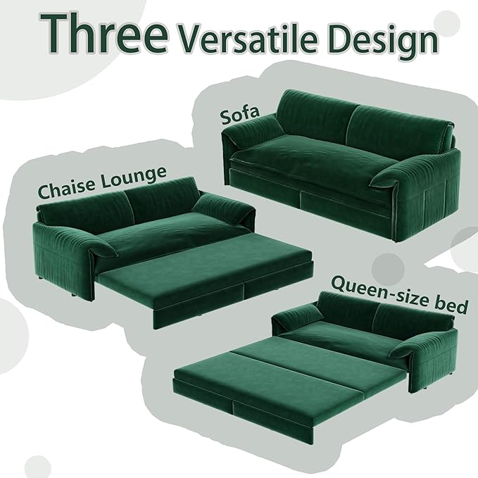 66" Queen Size Pull Out Sofa Bed, 3-in-1 Convertible Sleeper with Side Storage and Wheels, Velvet Loveseat for Living Room, Apartment, Bedroom, Green (Mattress & Bedding Not Included)
