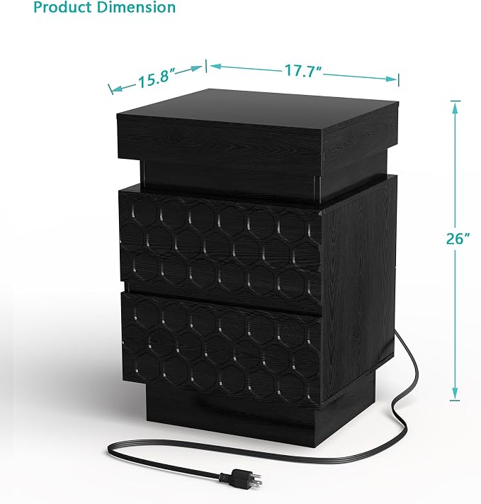 Led Nightstand with Charging Station, Hexagonal Fluted Night Stand with Sliding Top, Wooden Bedside Table with 3 Drawers, Modern Bed Side End Table for Bedroom, Living Room, Black - Image 3