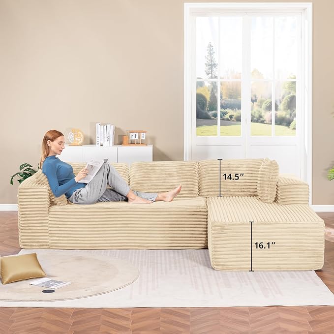 LUCKLIFE Modular Sectional Couch with L-Shape Chaise,Corduroy Upholstery Boneless Couches for Living Room,Oversized Sleeper Sofa,No Assembly Required (Beige, L Shape with Right Facing Chaise)