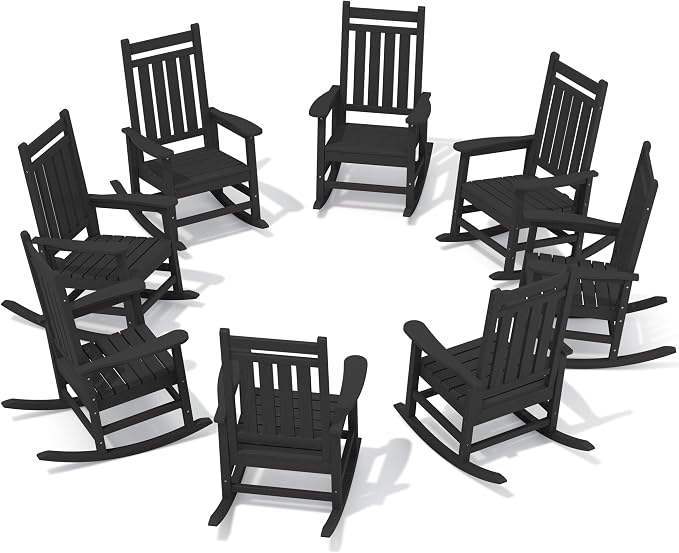 SERWALL HDPE Outdoor Rocking Chair Set of 8, Patio Rocking Chairs for Adults, All Weather Outdoor Rockers for Lawn, Black by SERWALL