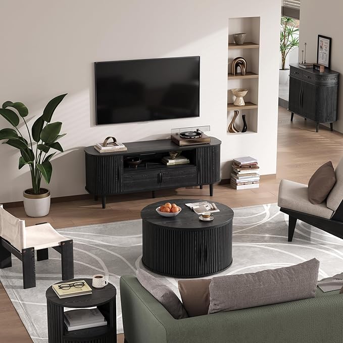 Round Lift Top Coffee Table, 31.5” Mid Century Modern Center Table with Hidden Storage, Fluted Circle Coffee Tables for Living Room, Home Office, Black