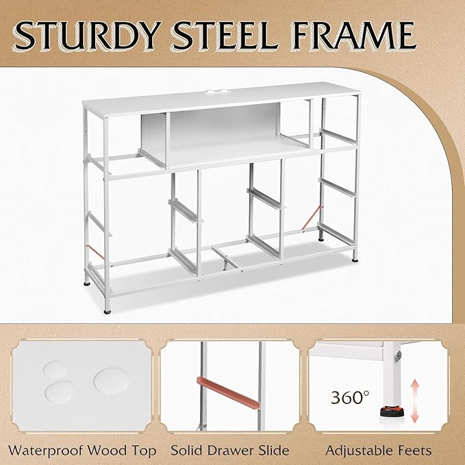 Simple Deluxe TV Stand Dresser with 8 Fabric Drawers and Open Shelves, Entertainment Center with LED Lights & Charging Station, Wood Top for 45" -55" TV, for Bedroom/Living Room/Hallway, White