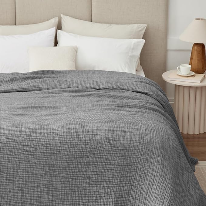 100% Cotton Muslin Blanket California King 120" x 90", 6 Layers Breathable and Lightweight Oversized Blankets for Bed, Soft Cooling Gauze Blanket for Adults All Season, Medium Grey