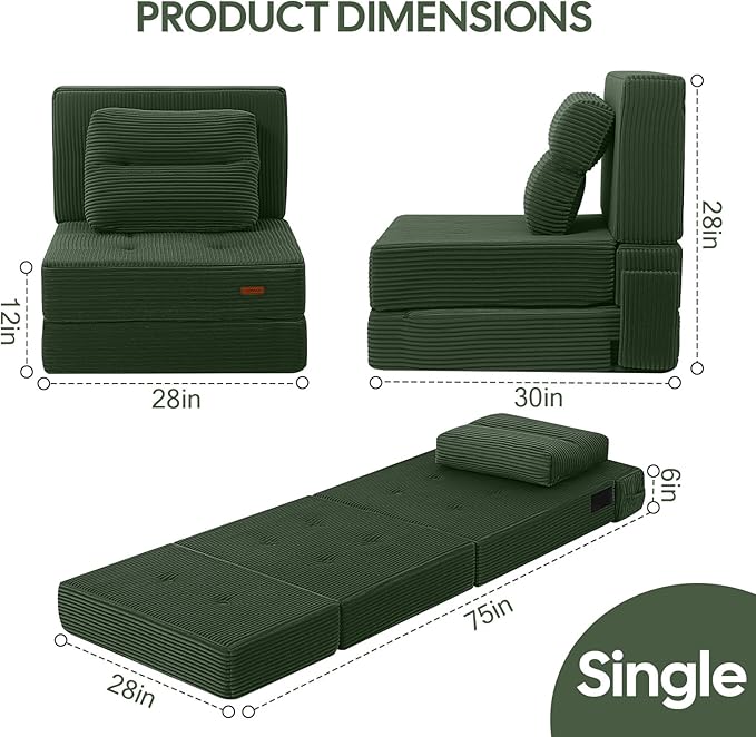 COMAX Folding Sofa Bed, Foldable Couch for Bedroom, Convertible Floor Sleeper Futon Chair Foam, Corduroy 3 in 1 Fold Out Chair Portable Comfy Lounge Couch Sofa Bed for Small Space, Single, Green