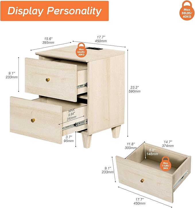 WAMPAT Dresser and Nightstand Set for Bedroom, 47.2 Inches Wood Dresser with 6 Drawers, 1 Piece Nightstand with Charging Station, Chest of Drawers and Bedside Table Set, Light Oak