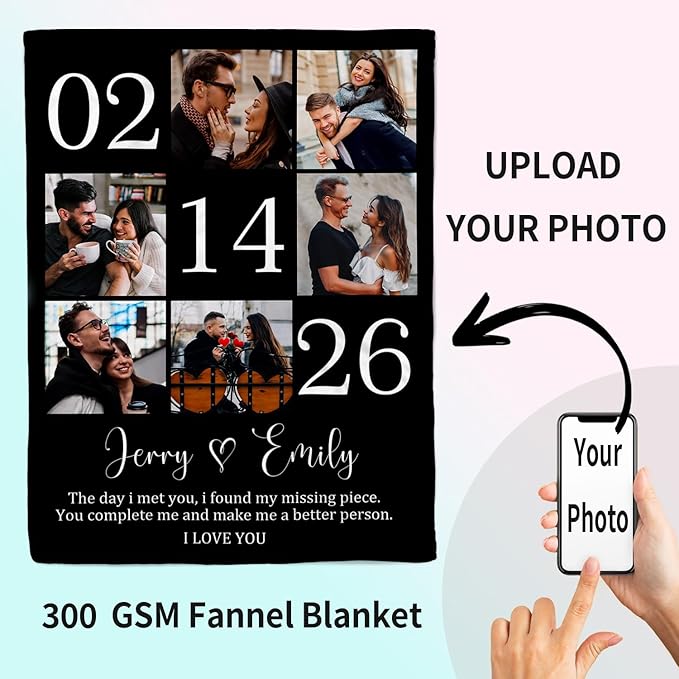 Ships Next Day Custom Blanket with Picture Customized Banket Personalized Throw Blankets Customizable Photo Blankets Customized Valentines Day Gifts for Her Him Girlfriend Boyfriend Wife Husband