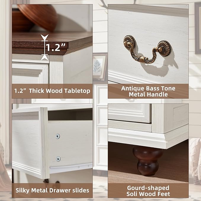 Joaxswe 24" Wide Farmhouse Nightstand with Charging Station Set of 2, 45" Tall Rustic Chests of 5 Drawers w/ 4 Solid Wood Feet, Farmhouse Furniture Series for Living Room,Bedroom,White
