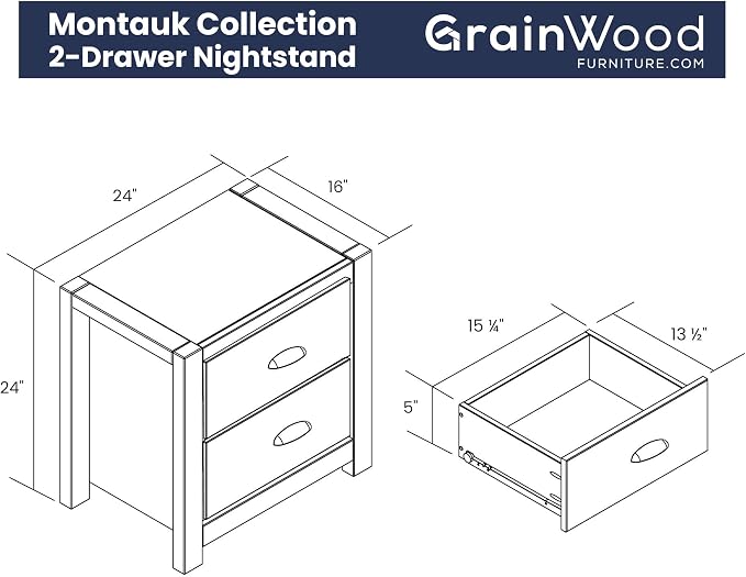 Grain Wood Furniture Montauk 2-Drawer Bedside Nightstand, Solid Wood with Rustic Grey Finish - Image 3