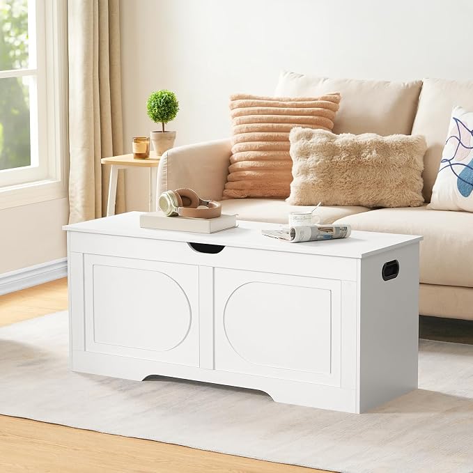 MAHANCRIS Storage Chest, 43.3” Toy Box, Entryway Storage Trunk, Shoe Bench with Storage, Engineered Wood Storage Cabinet with 2 Safety Hinges, Entrance Bench for Living Room, White SCWT2101 - Image 2