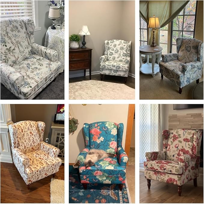 MELLCOM Floral Accent Chair, High Back Upholstered Armchair with Solid Legs, Leisure Single Sofa Chair for Living Room, Bedroom, Home Office, Light Blue Floral&Bird