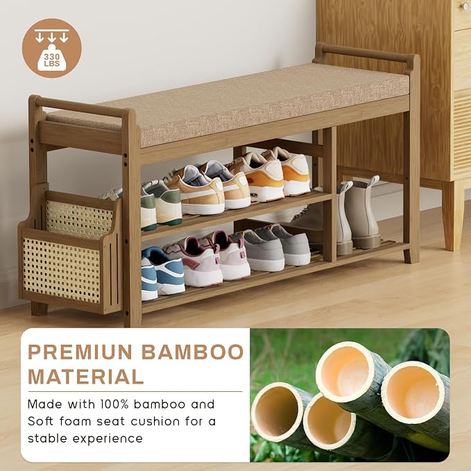 Homaxy 2-Tier Shoe Rack Bench with Side Holder, 39.4 in Bamboo Entryway Bench, Shoe Rack Organizer with Cushion for Front Entrance, Hallway Living Room Bedroom, Walnut and Light Brown - Image 4