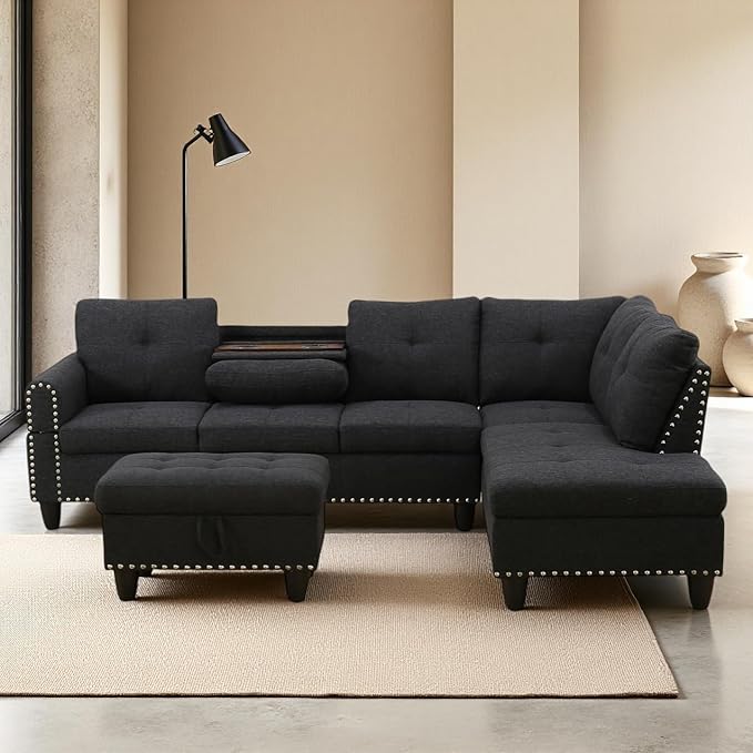 Sectional Couches for Living Room, Convertible 4 Seat Modular Sectional Sofa Set for Living Room, L Shaped Couch or U Shaped Couch with Storage Ottoman for Apartment, Dark Grey