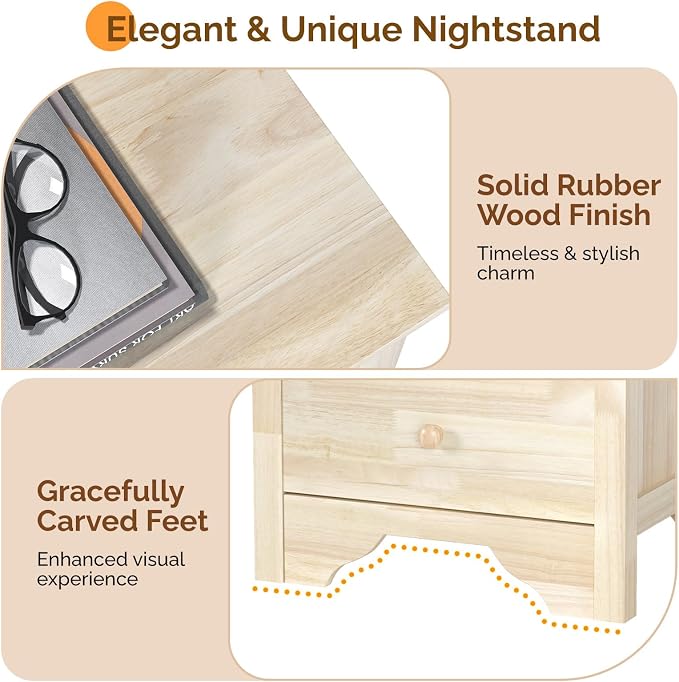 Bonnlo Solid Wood Nightstand Unfinished for Color DIY, 18.54" W Nightstand with Charging Station, Nightstand with Drawers, Natural Wood Nightstands/Bed Side Table/End Table, Night Stand for Bedroom - Image 8