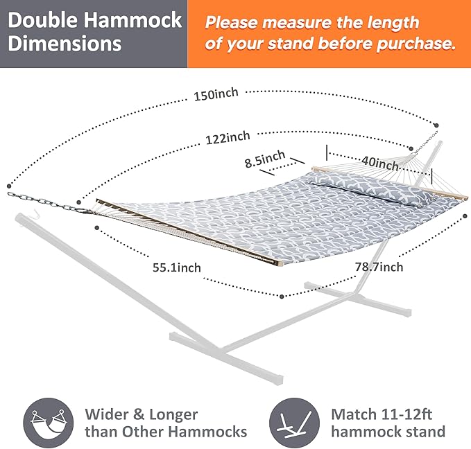 SUNCREAT Double Quilted Hammock with Hardwood Spreader Bar, Extra Large Soft Pillow, Heavy Duty 2 Person Hammock for Indoor, Outdoor, Grey Pattern - Image 4