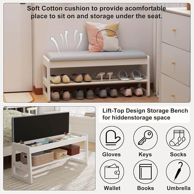 AQIMUELE Shoe Rack Bench,2 Tiers Shoe Bench with Storage with Flip-Top,Wood Shoe Rack for Entryway,Hallway（White Upholstered Seat,11.8" D x 39.3" W x 15.7" H） - Image 6