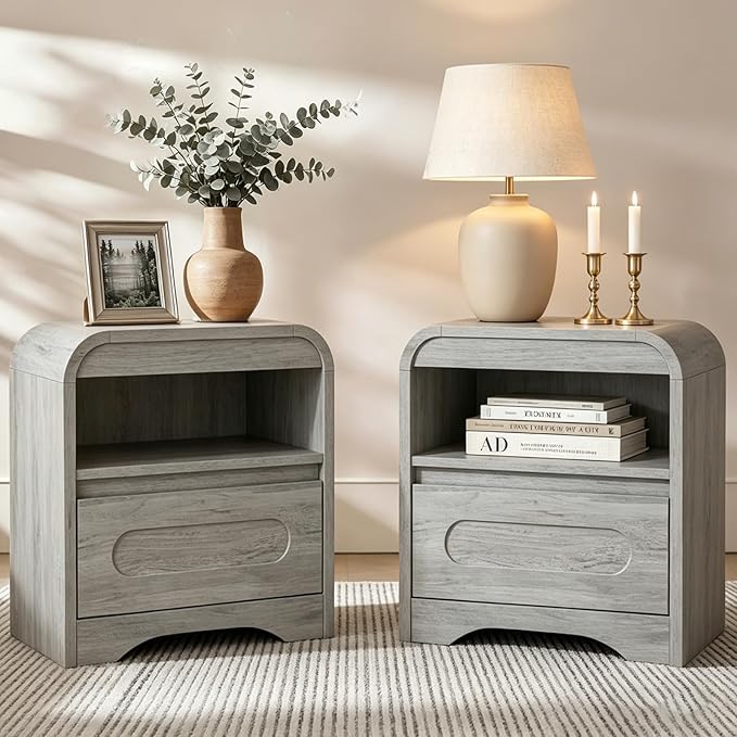 Night Stand with Drawers, Wood Nightstand, Bedside Side Table with Open Storage, Curved Corners, Hidden Handle, Modern Night Stands End Table for Bedroom Sofa Couch Office (Grey) - Image 4
