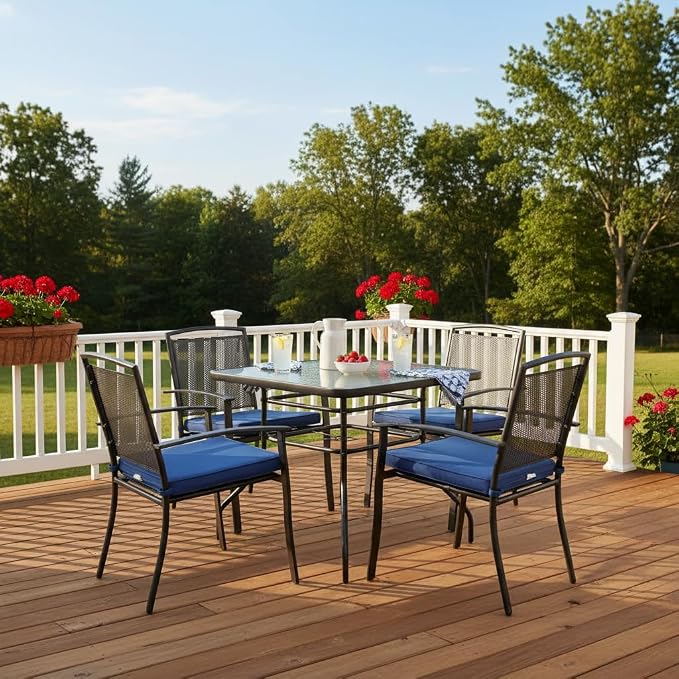 Tangkula 32" Square Outdoor Dining Table with Tempered Glass Top, Outside Bistro Table with 2" Umbrella Hole & Metal Frame, Patio Dining Table for Backyard, Lawn, Deck & Poolside - Image 5