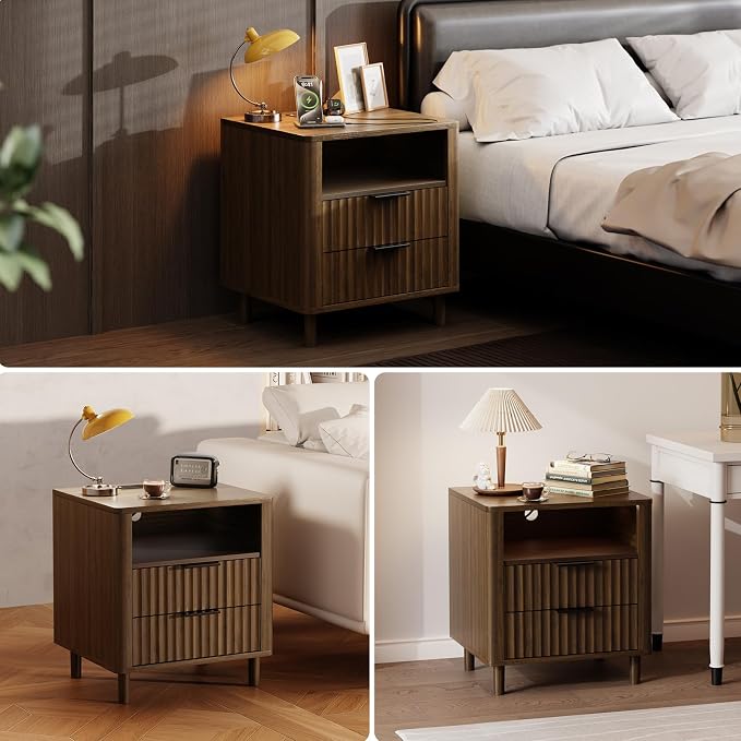 Fluted Nightstand with Charging Station, 2 Drawers Storage Bedside Table, Solid Wood Modern Nightstand with Open Shelf, Curved Profile Design, End Table for Indoor Room Bedroom Office, Walnut - Image 7