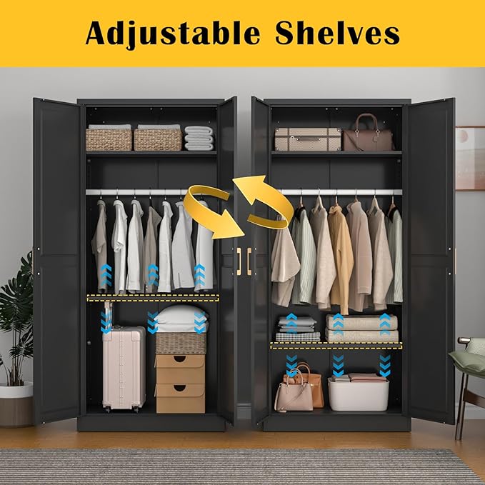 SteeLoong Metal Wardrobe Cabinet with Hanging Rod, 71" Tall Armoire Wardrobe Closet with 2 Doors and Adjustable Shelves, Black Clothing Storage Cabinets for Bedroom, Laundry Room, Cloak Room