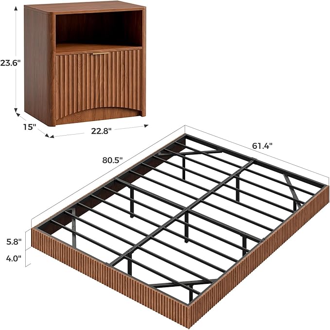 Evermagin Bedroom Furniture Set-Bed with 2 Nightstands, Mid Century Modern Bedroom Set, Floating Bed Frame Led Lights, Fluted Floating Room Furnitures, 3-Piece Room Set (Wal, Queen)