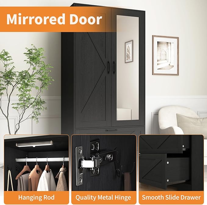 31.5'' Black 2-Door Wardrobe with Mirror, Modern Closet with 2 Drawers, Geometric Design Storage Cabinet for Bedroom